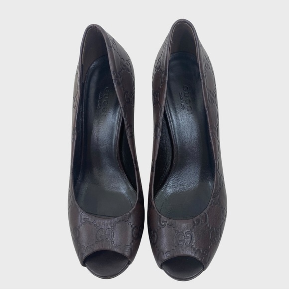 GUCCI Brown Leather Guccissima GG Logo Peep Toe Platform Pumps Size 36 1/2 - Picture 3 of 10